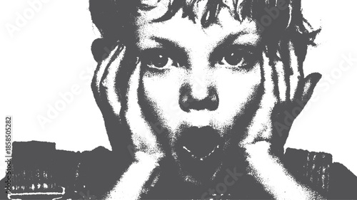 A boy shows a shocked expression with hands on face and open mouth. Black and white vector illustration captures an emotional reaction.