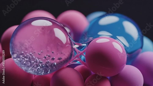 Colorful bubbles and eggs form a playful display with pink and blue hues in a fun arrangement