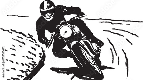 Motorcycle rider in action on the road. Detailed black and white vector illustration showing dynamic movement and sporty style in a set.