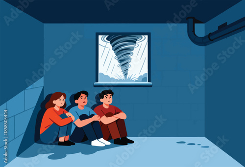 Three people huddled in a basement, looking fearfully at a tornado in the window