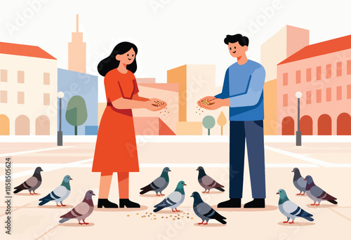 Two people feed pigeons in a city square with buildings in background
