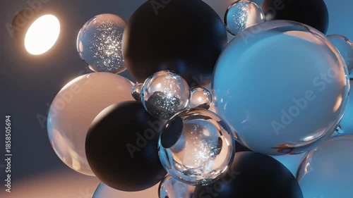 Explore different shapes and colors of spheres illuminated by light in a creative display