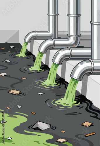 Four pipes discharge green liquid and debris into dark, polluted water