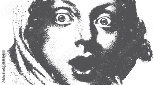 Facial expression portraying surprise in black and white. Vintage vector illustration with dramatic detail and texture.