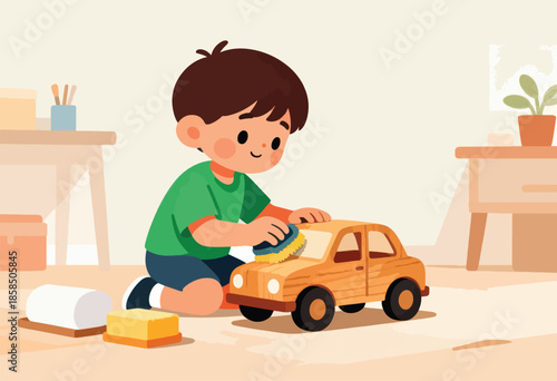 A young boy cleans a wooden toy car with a sponge in a brightly lit room