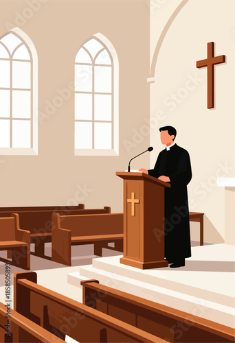 A cleric in formal black attire stands at a wooden podium in a church, facing empty pews