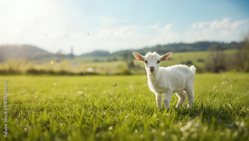 Obraz premium Young goat in a grassy outdoor setting during spring, highlighting livestock management