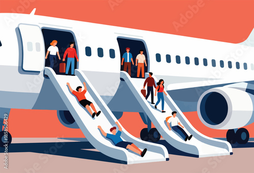 Stylized people disembark an airplane using emergency slides