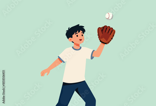 A cartoon boy in casual clothes catching a baseball with a mitt