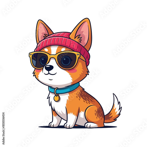 Illustration of Dog Wearing Sunglasses and Beanie.