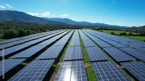 Solar panels generate power in a large field surrounded by hills on a sunny day