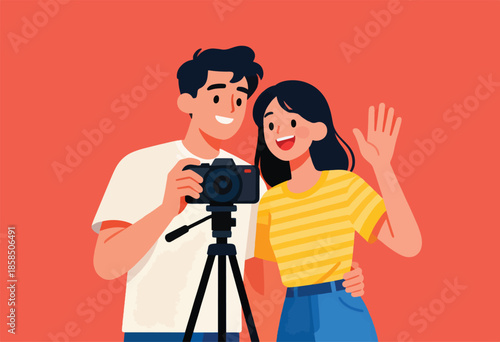 Smiling couple poses with a camera on a tripod for a photo or video