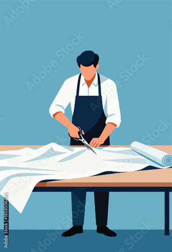 A tailor cuts fabric on a table with scissors
