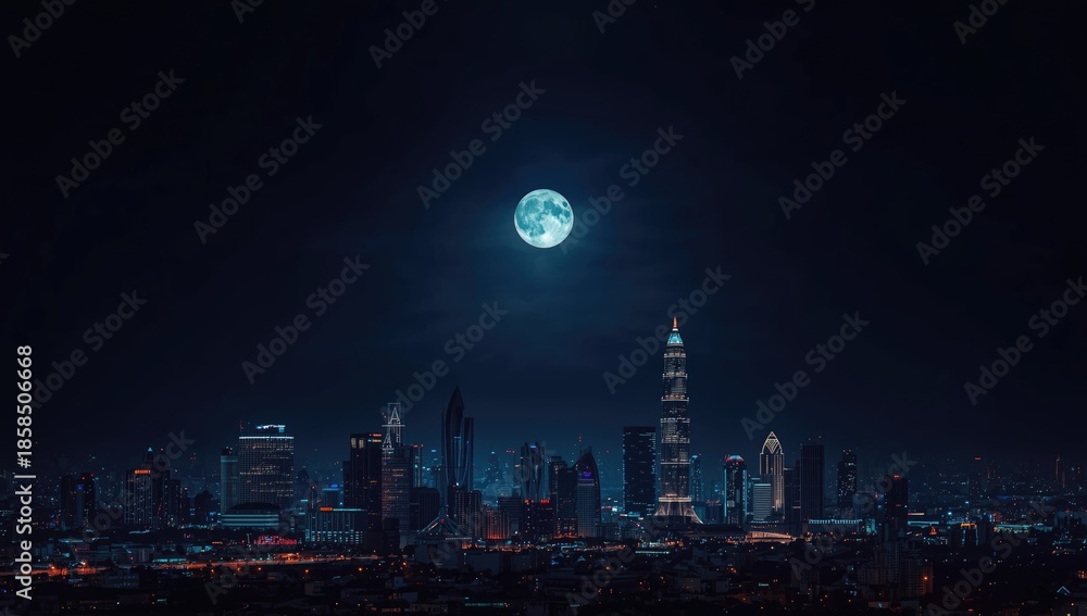 Fototapeta premium Nighttime cityscape with a full moon overhead, highlighting urban light pollution and celestial visibility, World Night Sky Day