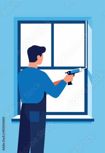 Man caulking around a modern window frame with a tool