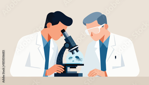 Two scientists in lab coats examine jellyfish under a microscope