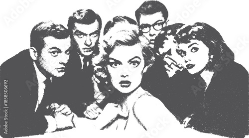 Group of people in vintage fashion with expressive gazes in a monochrome vector illustration, highlighting their intensity and cooperation in a portrait set.