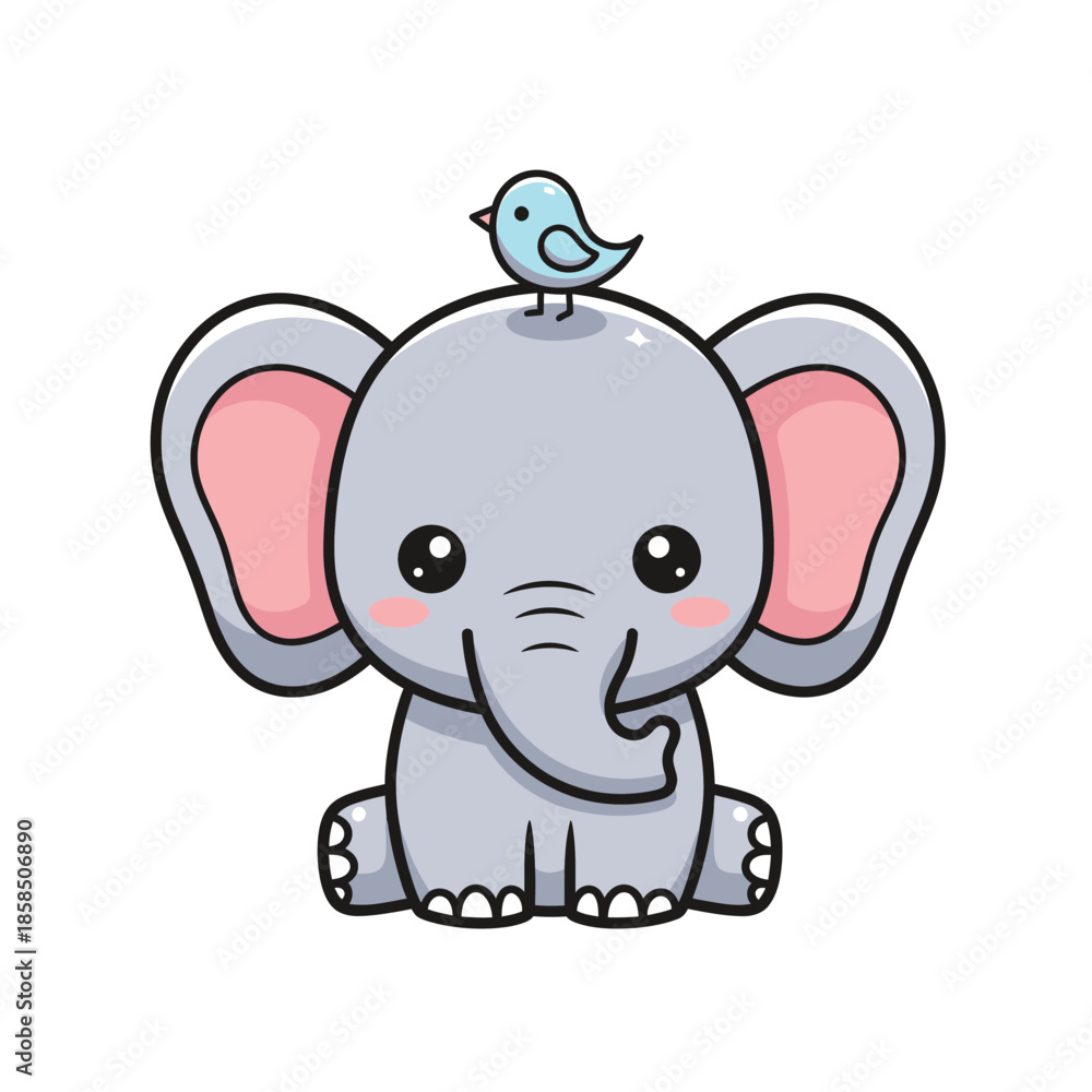 Fototapeta premium Cute Cartoon Elephant with Bird on Head.