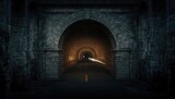 Historic stone tunnel with rough textures and subdued lighting, highlighting underground architecture