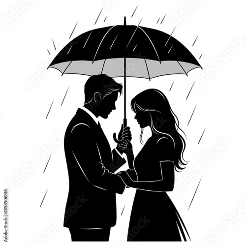 Romantic Couple Under Shared Umbrella Rainy.