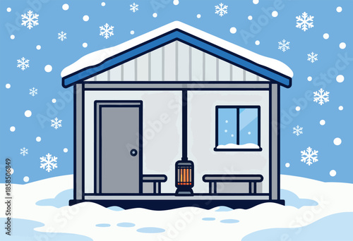 Cozy shelter with burning stove under falling snow