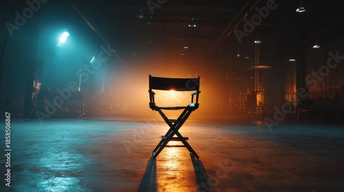 A director's chair sits in an empty industrial space, lit with dramatic blue and orange hues, creating a sense of anticipation