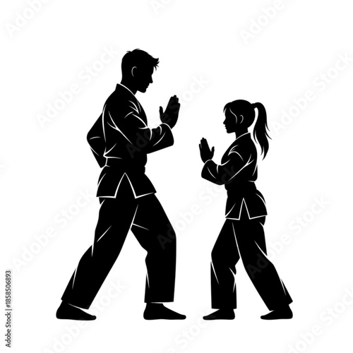 Man and woman in martial arts stance isolated on transparent background. 