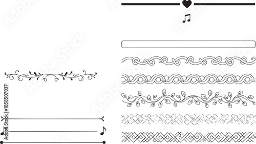 Ornate black and white decorative borders and frames with floral and musical elements