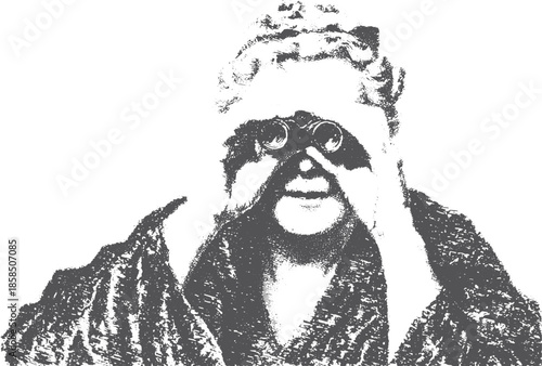 Woman with binoculars in a vintage black and white portrait. Classic vector illustration showcasing elegant details and stylish clothing.