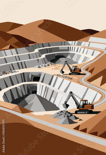 Excavators operate in a large, multi-layered open-pit mine with a desert landscape background
