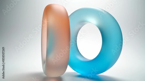 Two rounded shapes in soft colors resting on a gray surface with light shining on them