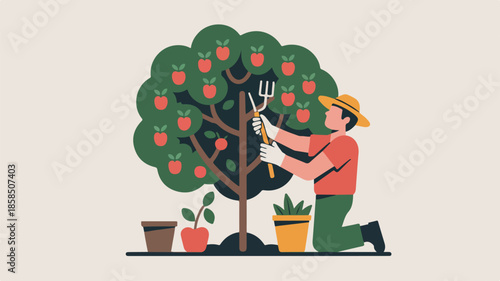 Flat illustration of a person pruning an apple tree with fruit and potted plants nearby