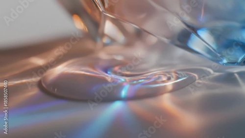Light reflections and patterns from a glass vase on a table surface in a bright room