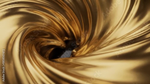 Swirling golden fabric in close-up view showing movement and shine in a dark background
