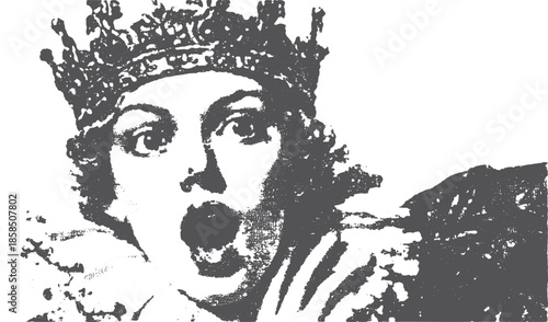 Queen portrait with a surprised expression. Black and white vector illustration showcasing dramatic retro style and artistic detail.
