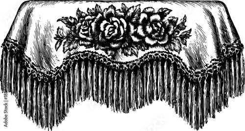 Tablecloth with a floral rose design in silhouette style. Vintage vector illustration features an ornate outline pattern.