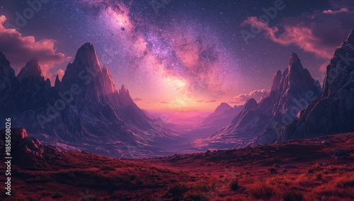 Wallpaper Mural Alien planet terrain with a distant galaxy overhead, suitable for science fiction backgrounds and cosmic visuals Torontodigital.ca