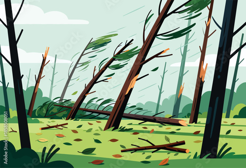 Trees bent and broken by powerful winds, with fallen branches and scattered leaves