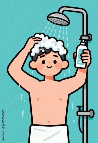 Smiling person with soapy hair, showering and holding a lotion bottle