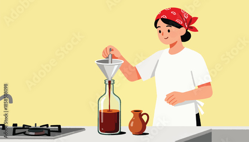 Person in bandana pouring liquid into bottle using funnel