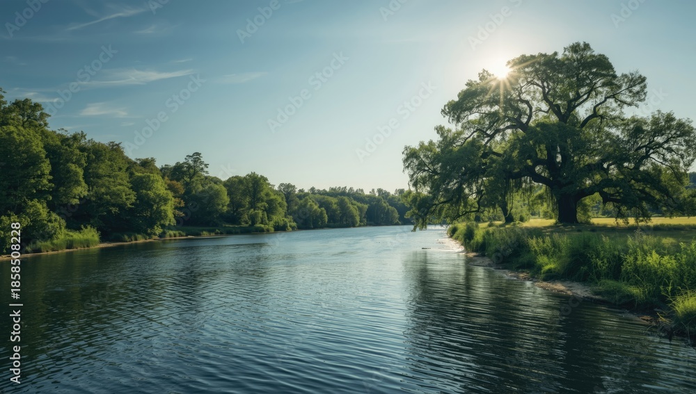 Fototapeta premium Water and sky backdrop in a lush springtime setting with grass and trees, ideal for travel or nature layouts
