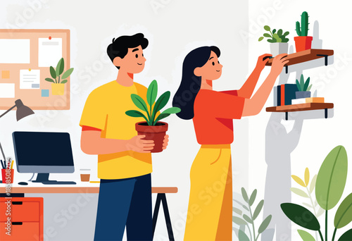 Couple arranging plants and books on shelves in a home office space