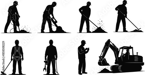 Construction worker silhouettes with excavation tools heavy machinery digging maintenance industry safety black vector illustration isolated white background set design