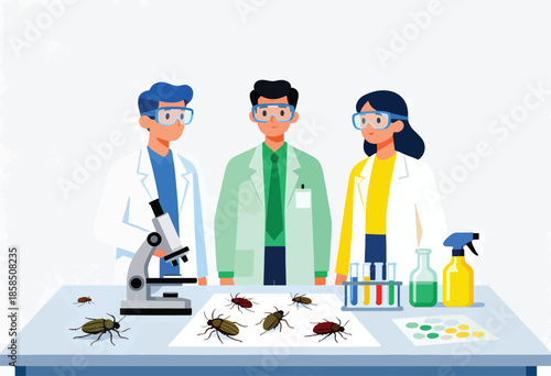 Three scientists in lab coats and goggles observe insects and experiments on a table