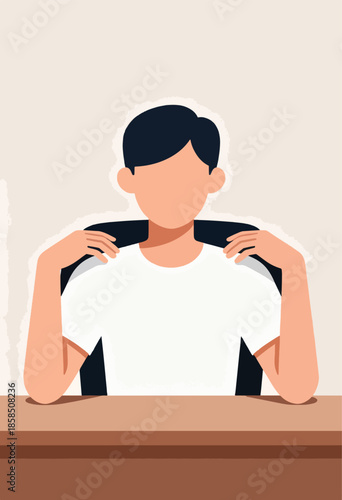 Flat illustration of a person sitting at a desk, holding shoulders