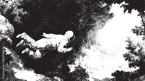 Astronaut flying in space. Monochrome vector illustration showcases a figure in a suit against a black and white backdrop, conveying exploration.