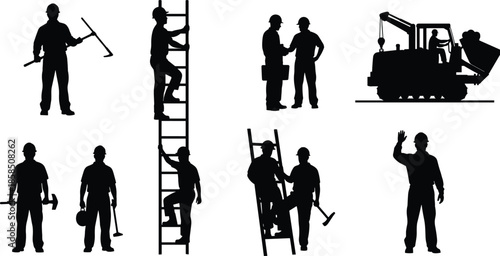 Construction worker silhouettes with tools ladder teamwork machinery industry safety black vector illustration isolated white background professional labor set