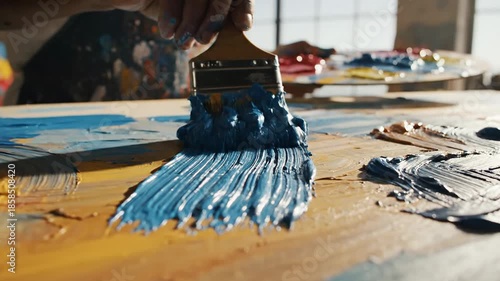 Artist mixes paint colors in a sunlit studio in front of a blank canvas