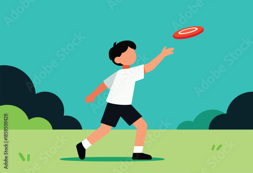 Boy in a white shirt and dark shorts throwing a red frisbee outdoors