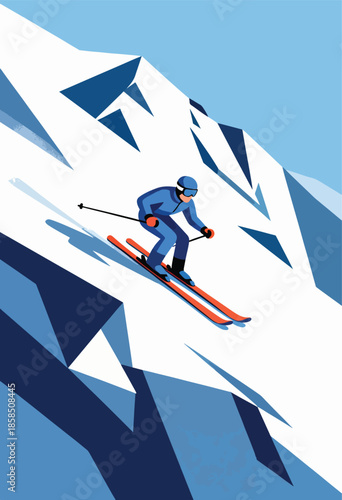 A skier in a blue suit descends a snow-covered mountain with sharp blue shadows
